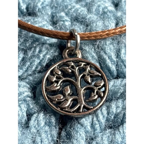 Claire's Jewelry - Vintage Y2K Claire's Tree Of Life Pendant Necklace Silvertone Brown Cord Minimal